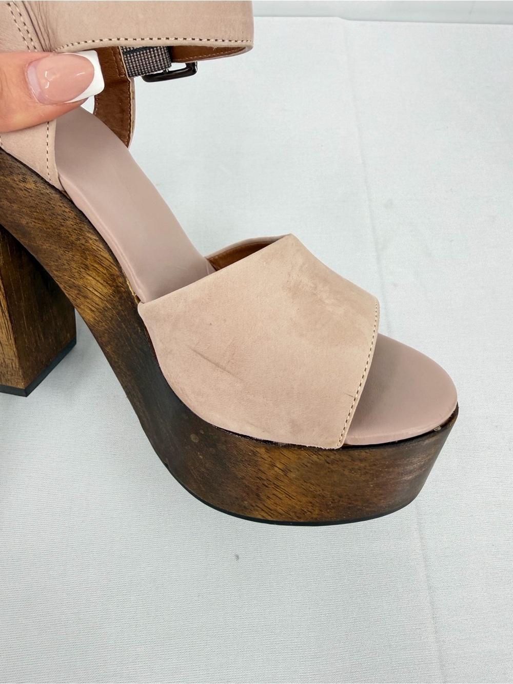 Leather Wood Platform Block Heel Sandals Nude 6.5 resort boho eurosummer coastal - Picture 16 of 16